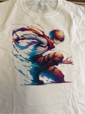 White Short Sleeve Tee with Blue, Orange and Purple Anime Character Print custom